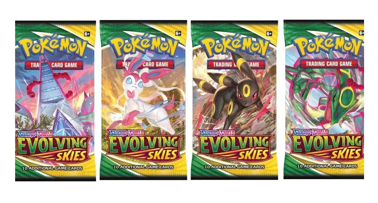 Evolving Skies Booster Pack, Pokémon TCG, Umbreon VMAX, Rayquaza VMAX, Evolving Skies booster box, Fuji Card Shop, Pokémon chase cards, alternate art, Eeveelutions, Dragon-type Pokémon, Pokémon singles, sealed Pokémon products