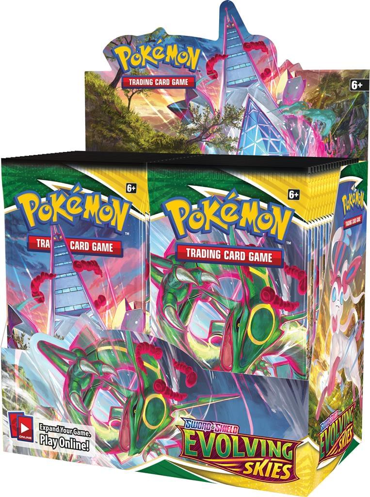 Evolving Skies Booster Pack, Pokémon TCG, Umbreon VMAX, Rayquaza VMAX, Evolving Skies booster box, Fuji Card Shop, Pokémon chase cards, alternate art, Eeveelutions, Dragon-type Pokémon, Pokémon singles, sealed Pokémon products